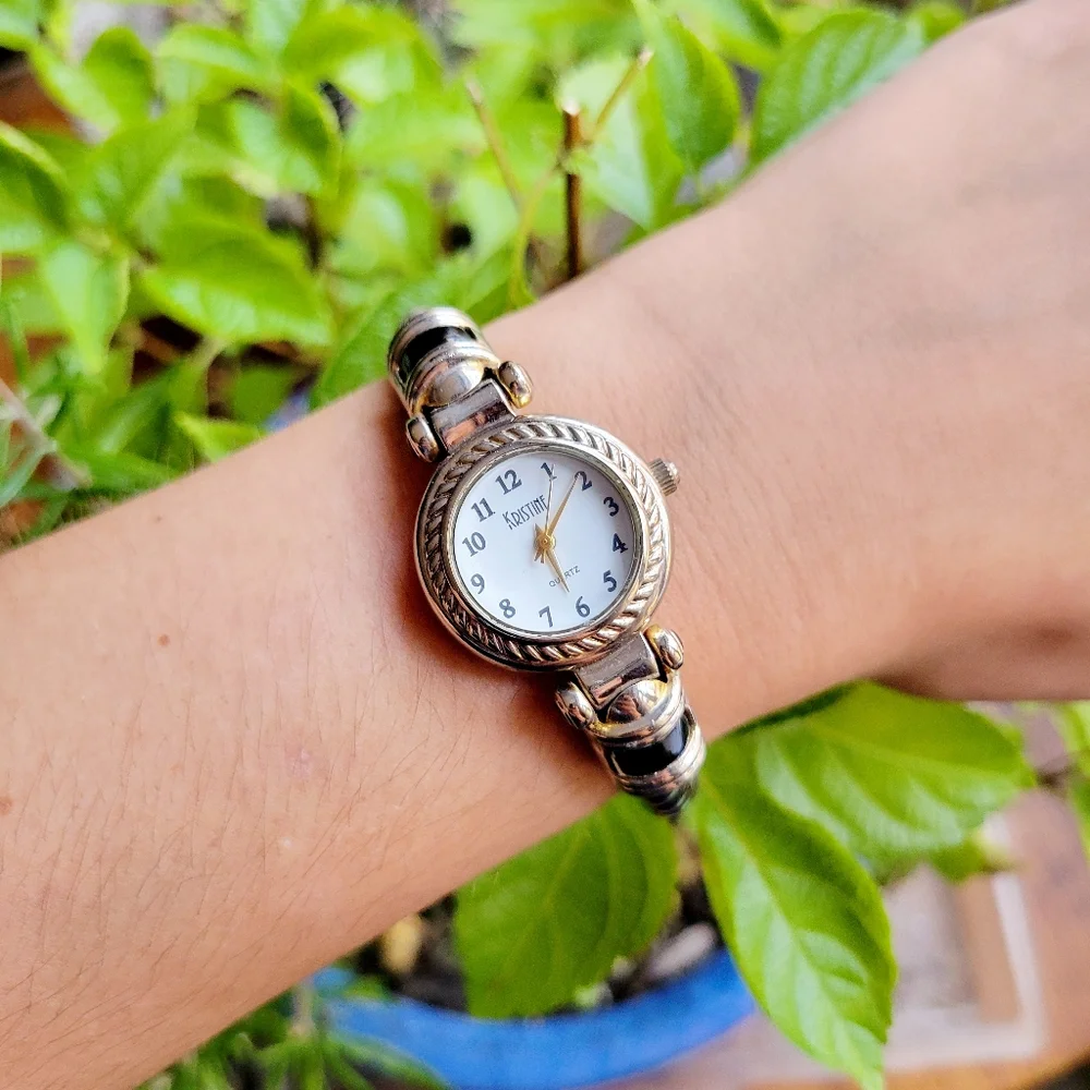 Classic Kristine Round Analog Silver Black & Gold Twist Cuff Watch